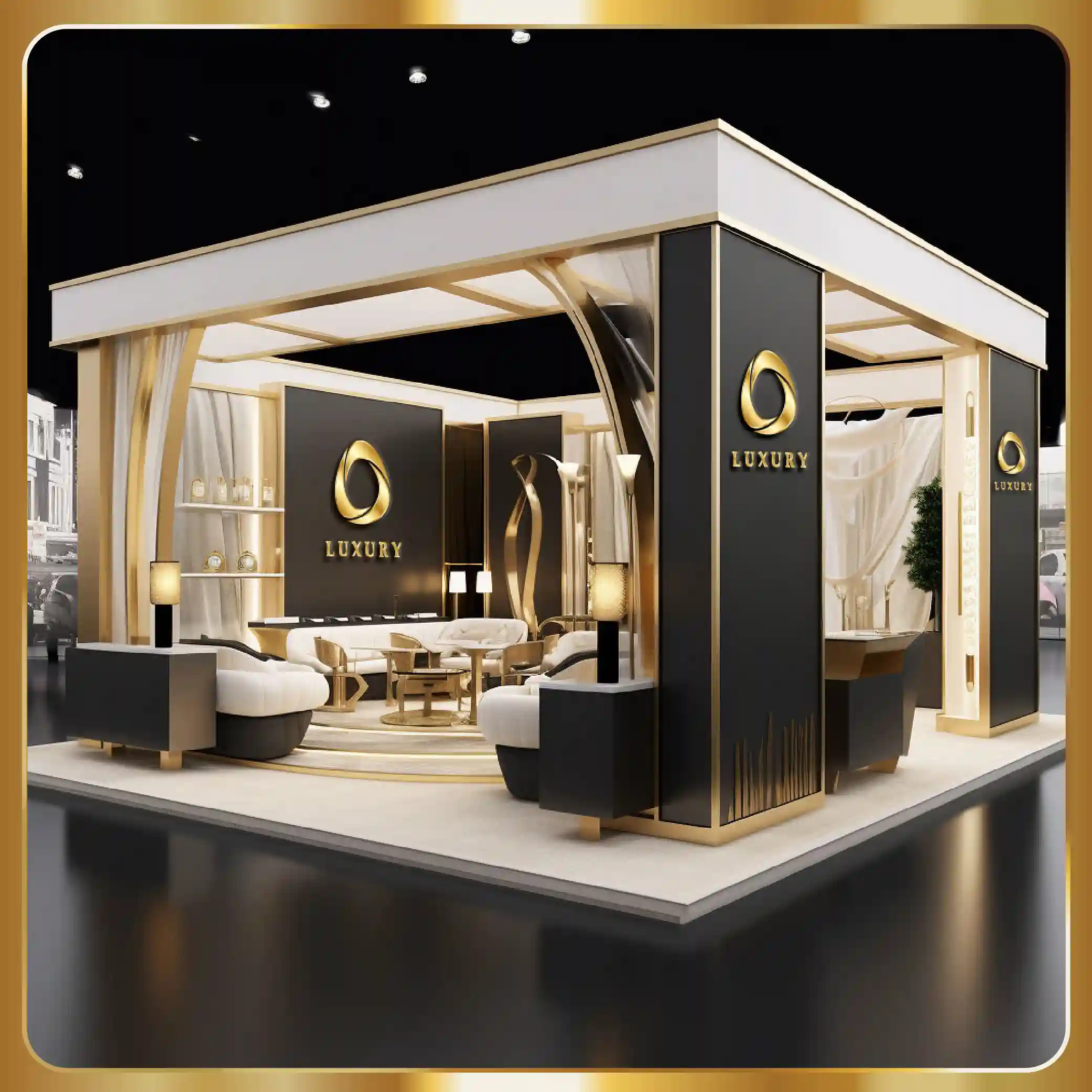 Modern exhibit booth with striking black and gold design  
